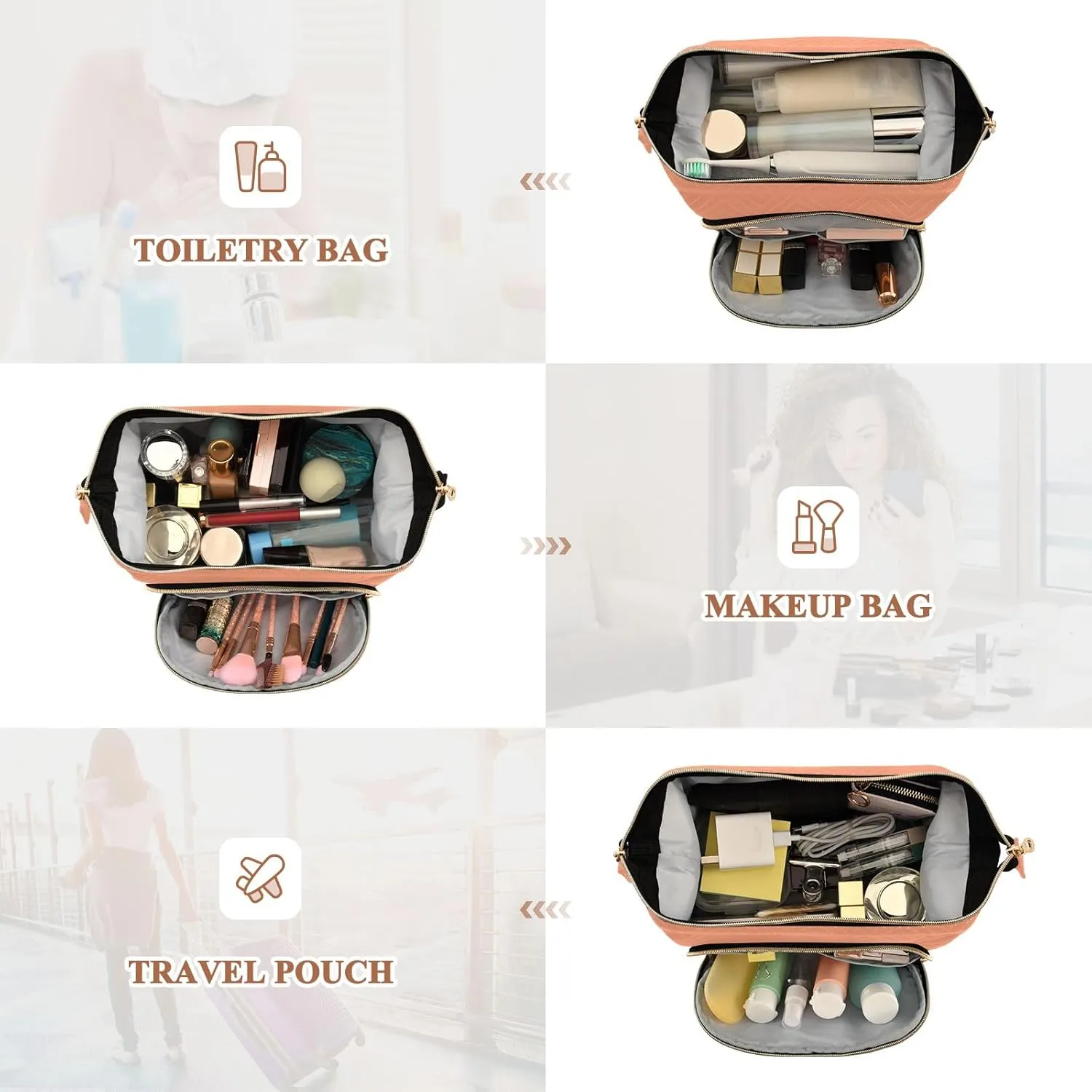 ODAWA Light Salmon Quilted Cosmetic Bag with 9-Piece Accessory Set, Wide-open Cosmetic Travel Bags Cosmetic Bags for Women for Purse