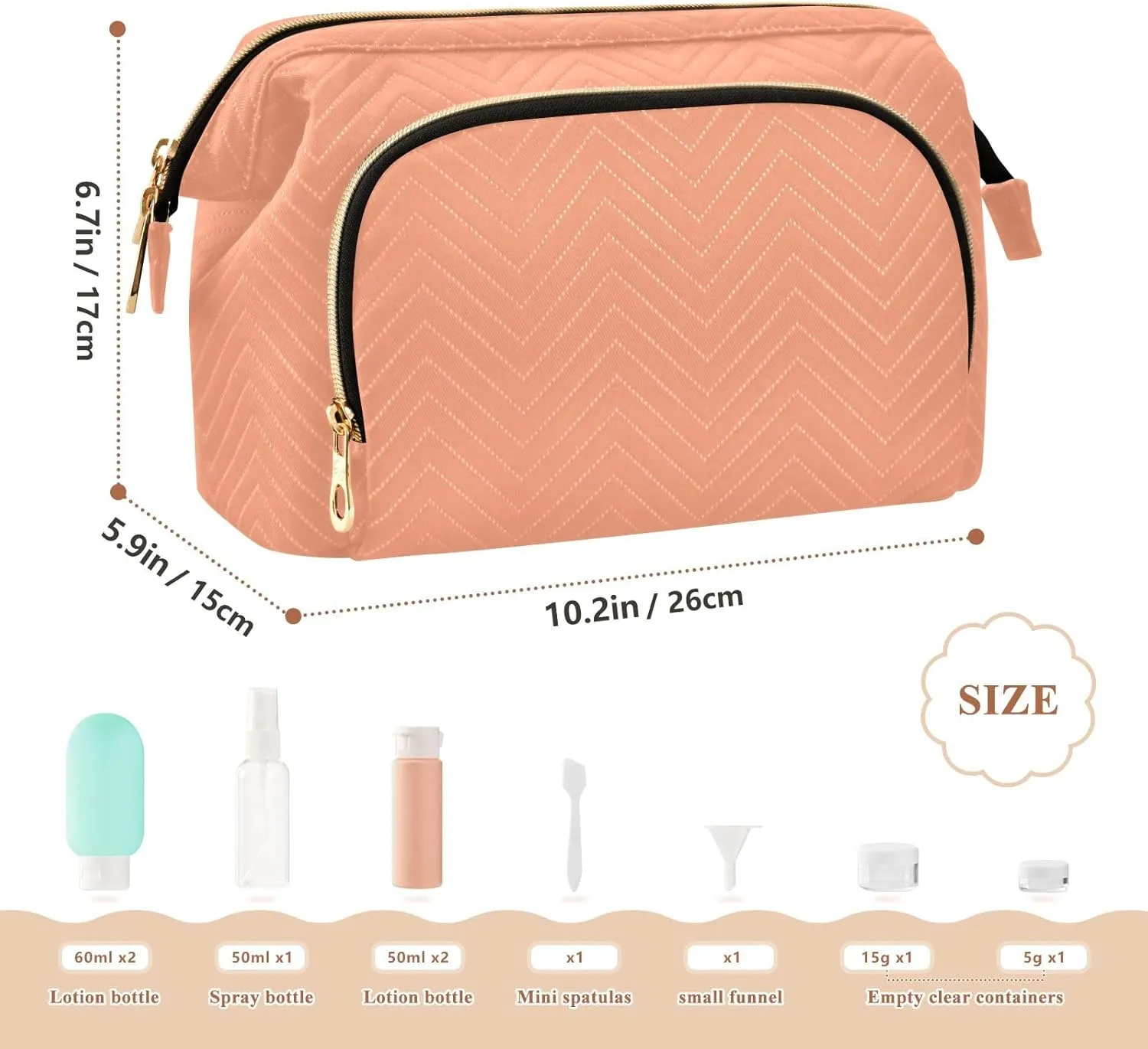 ODAWA Light Salmon Quilted Cosmetic Bag with 9-Piece Accessory Set, Wide-open Cosmetic Travel Bags Cosmetic Bags for Women for Purse