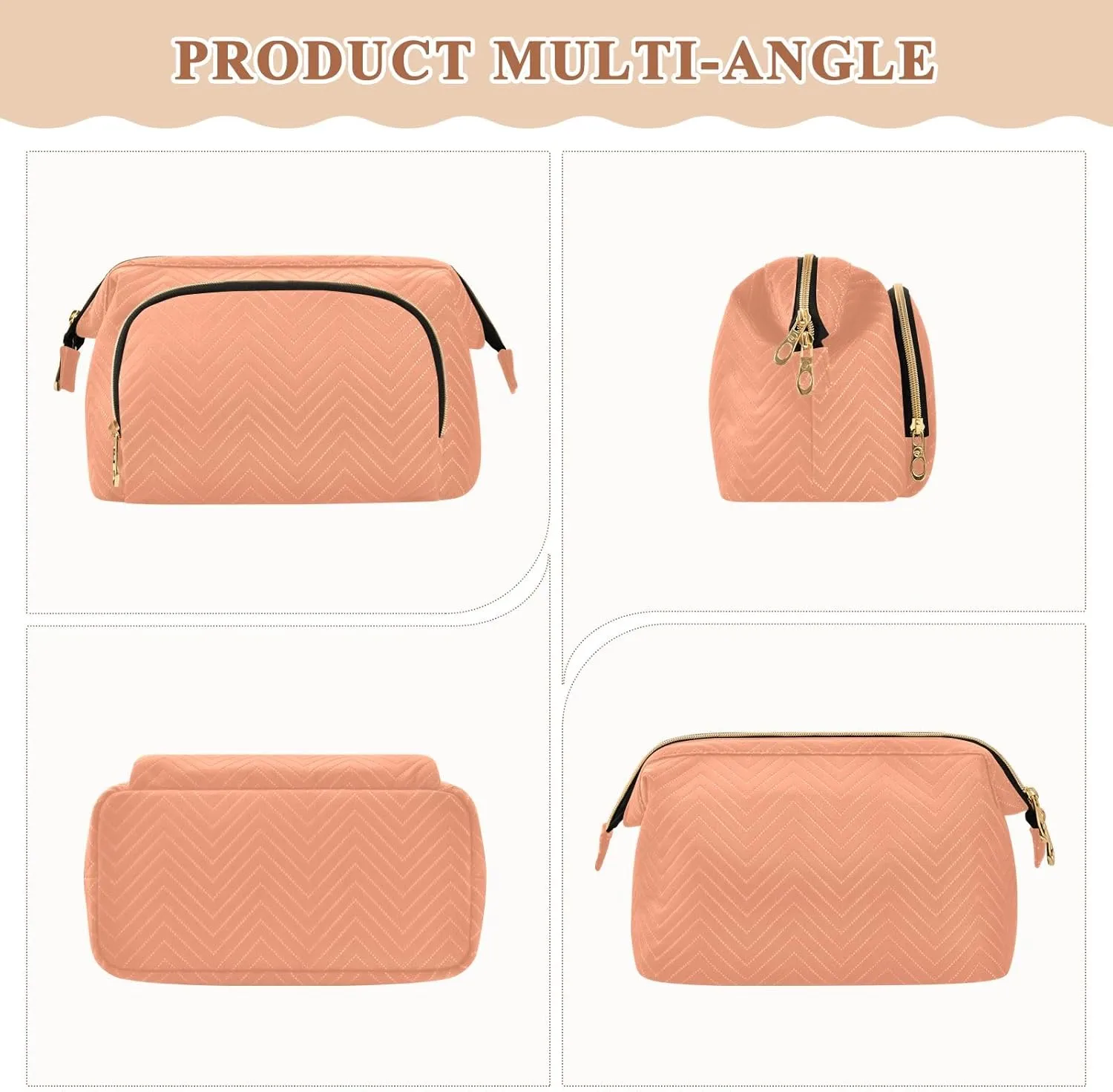 ODAWA Light Salmon Quilted Cosmetic Bag with 9-Piece Accessory Set, Wide-open Cosmetic Travel Bags Cosmetic Bags for Women for Purse