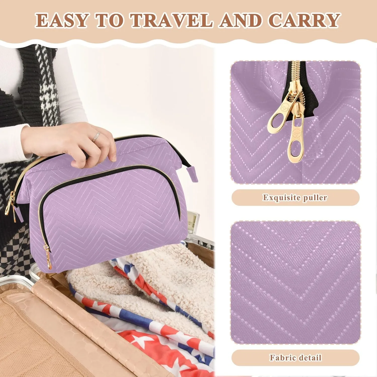 ODAWA Lilac Quilted Cosmetic Bag with 9-Piece Accessory Set, Travel Makeup Organizer Case Travel Bags for Women Toiletry and Makeup