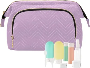 ODAWA Lilac Quilted Cosmetic Bag with 9-Piece Accessory Set, Travel Makeup Organizer Case Travel Bags for Women Toiletry and Makeup