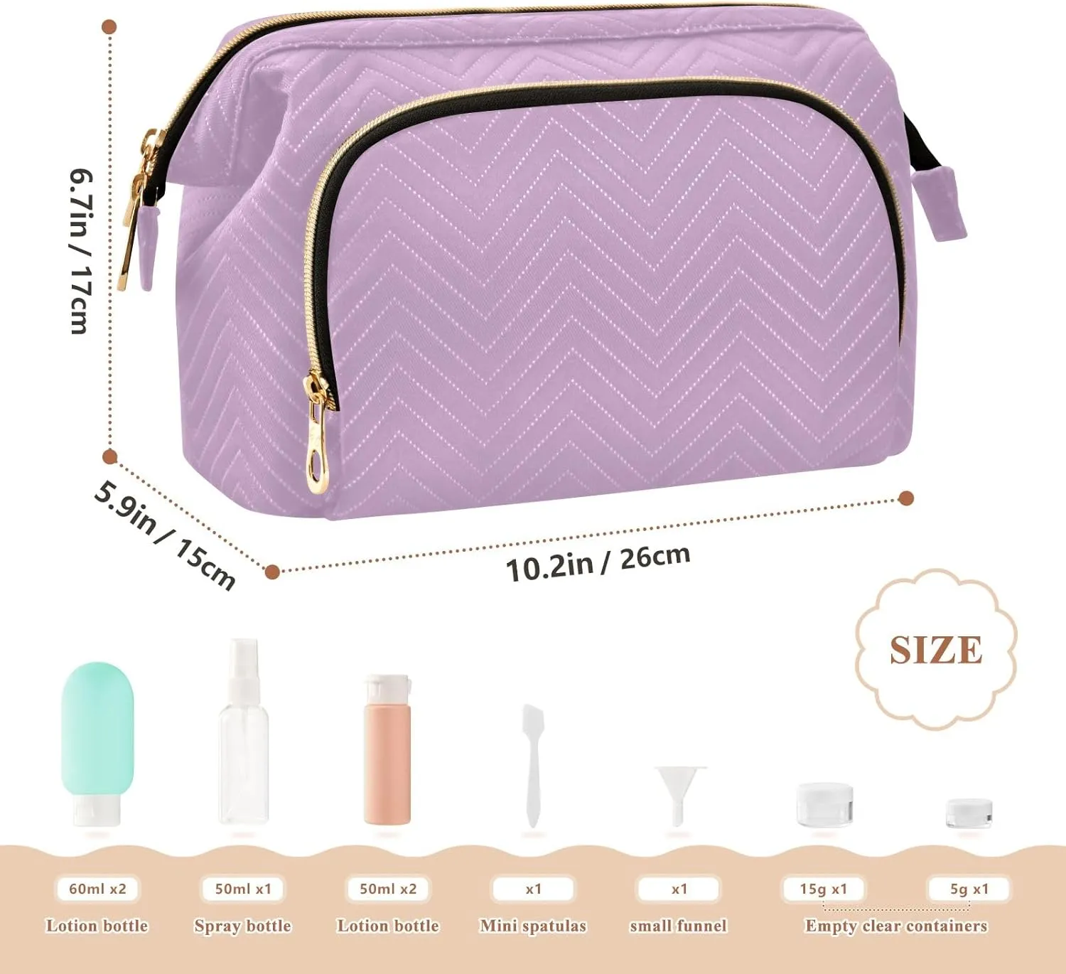 ODAWA Lilac Quilted Cosmetic Bag with 9-Piece Accessory Set, Travel Makeup Organizer Case Travel Bags for Women Toiletry and Makeup