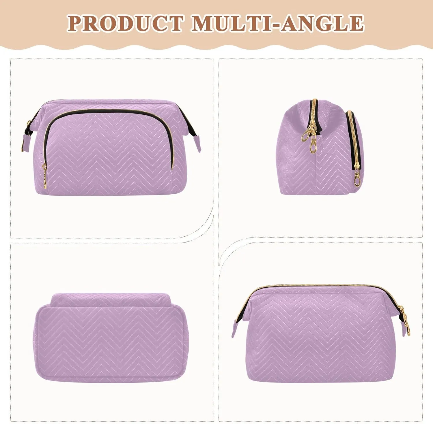 ODAWA Lilac Quilted Cosmetic Bag with 9-Piece Accessory Set, Travel Makeup Organizer Case Travel Bags for Women Toiletry and Makeup