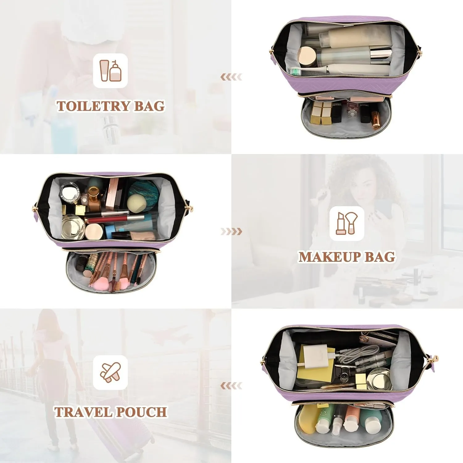 ODAWA Lilac Quilted Cosmetic Bag with 9-Piece Accessory Set, Travel Makeup Organizer Case Travel Bags for Women Toiletry and Makeup