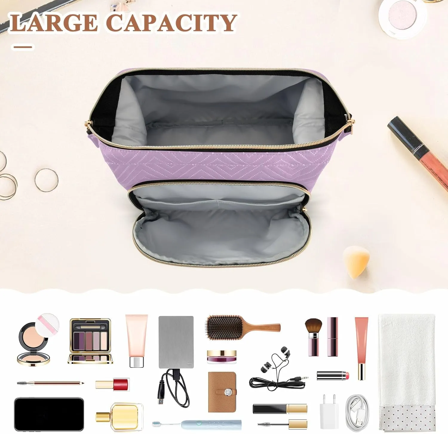 ODAWA Lilac Quilted Cosmetic Bag with 9-Piece Accessory Set, Travel Makeup Organizer Case Travel Bags for Women Toiletry and Makeup
