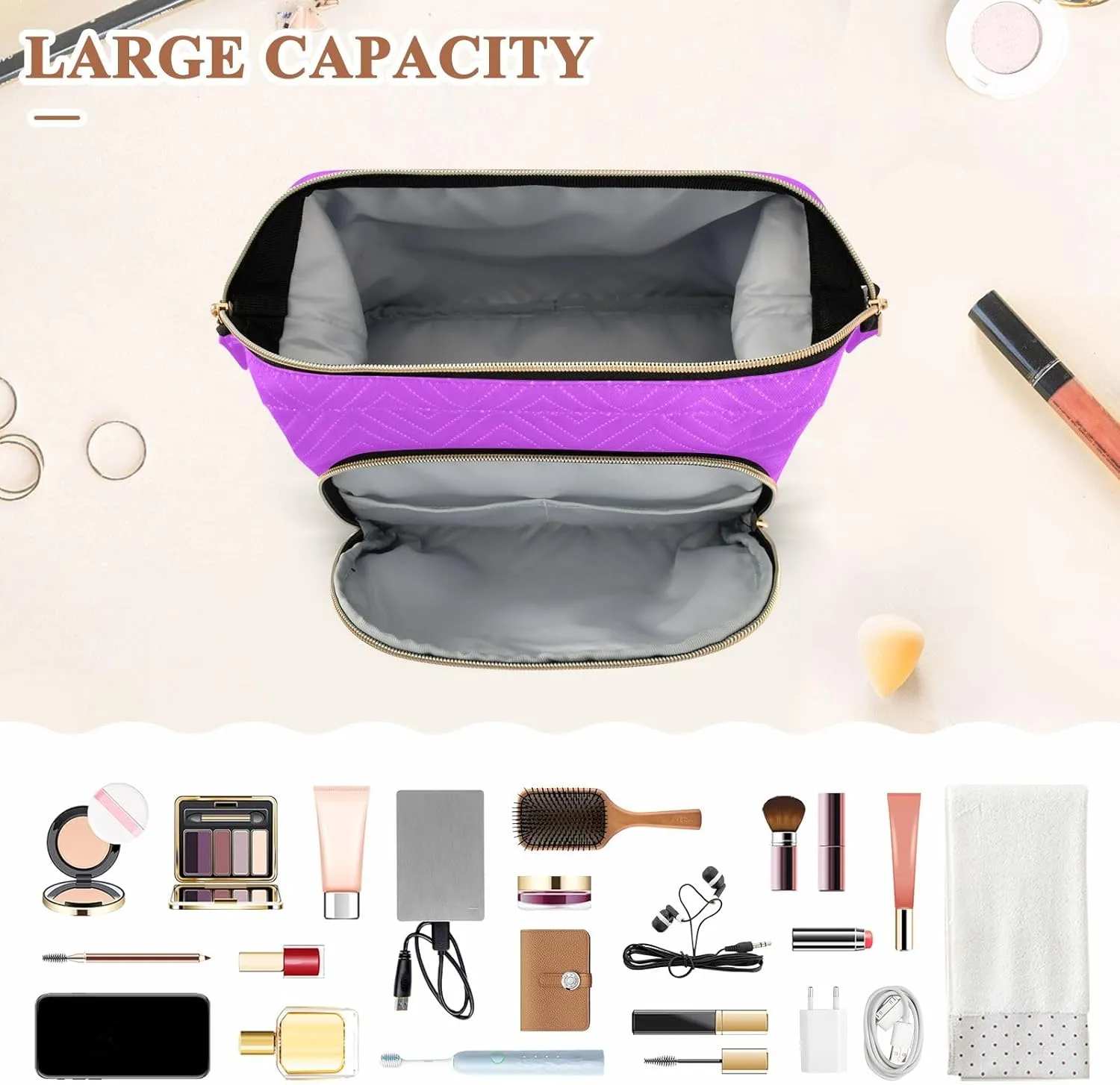 ODAWA Mallow Quilted Cosmetic Bag with 9-Piece Accessory Set, Travel Makeup Organizer Case Roomy Cosmetic Bag for Women and Girls