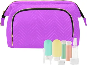 ODAWA Mallow Quilted Cosmetic Bag with 9-Piece Accessory Set, Travel Makeup Organizer Case Roomy Cosmetic Bag for Women and Girls