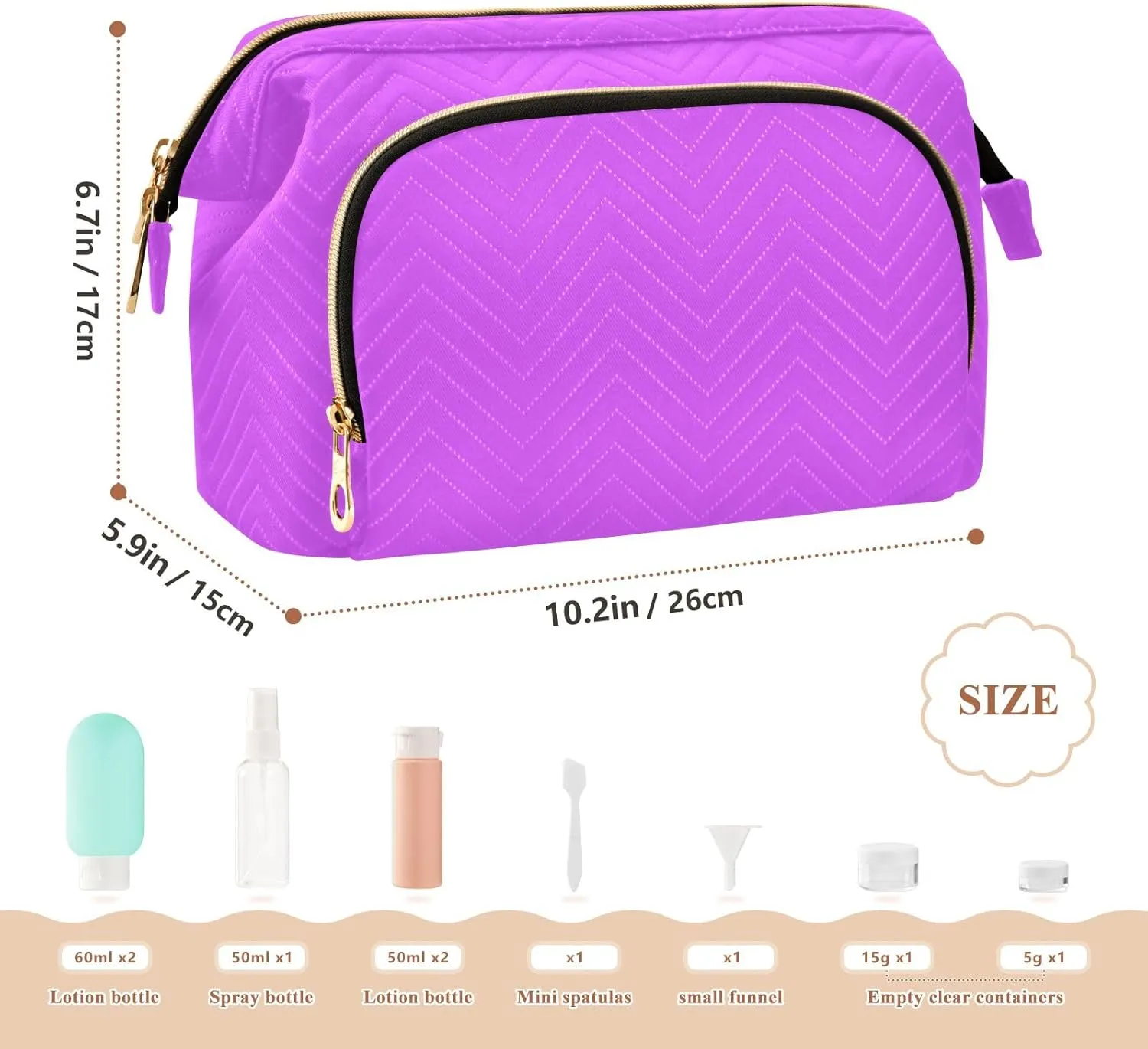 ODAWA Mallow Quilted Cosmetic Bag with 9-Piece Accessory Set, Travel Makeup Organizer Case Roomy Cosmetic Bag for Women and Girls