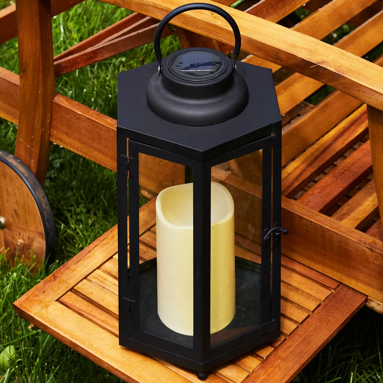 Open Box Rigel Hexagonal Metal Lantern with Solar LED Candle, Large