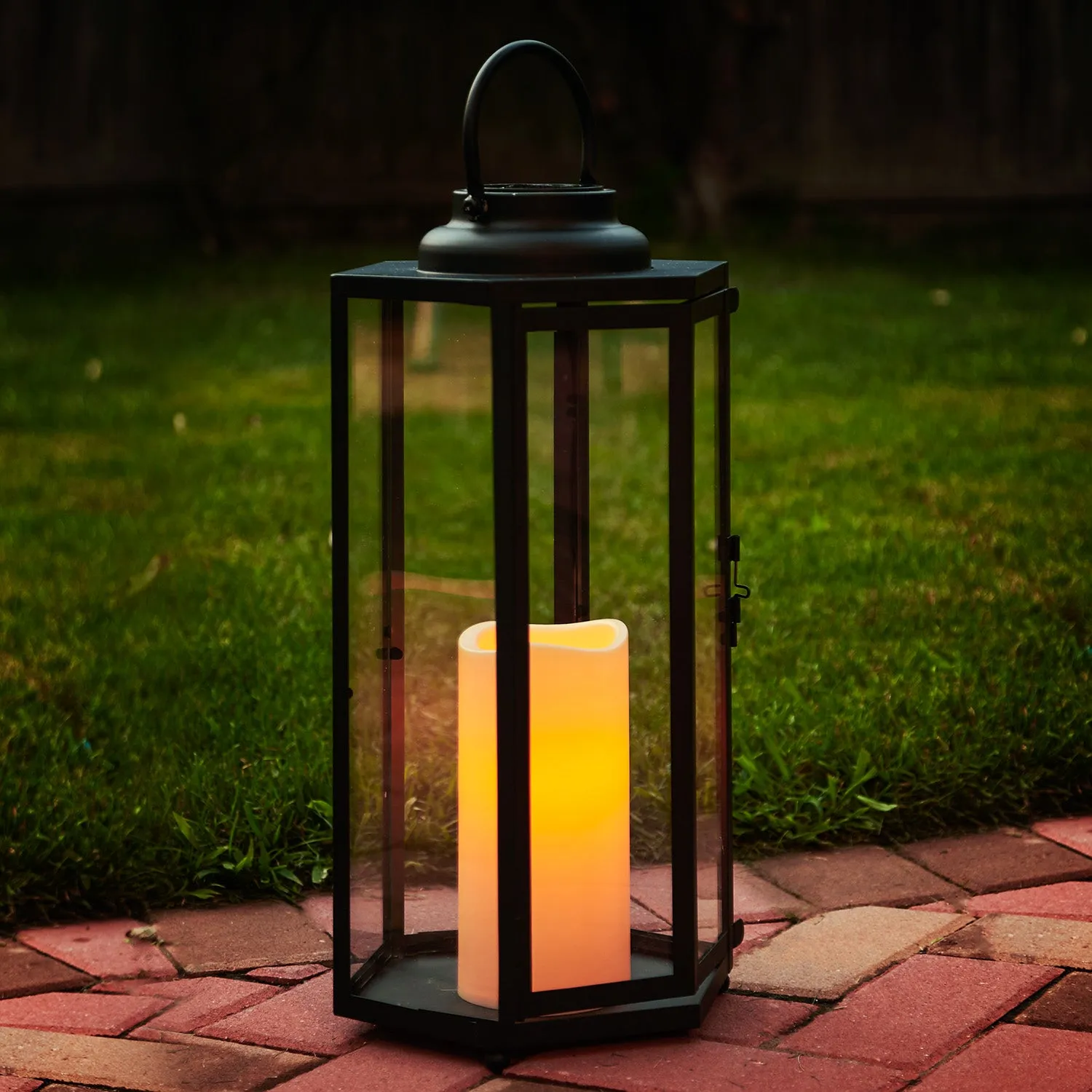 Open Box Rigel Hexagonal Metal Lantern with Solar LED Candle, Large