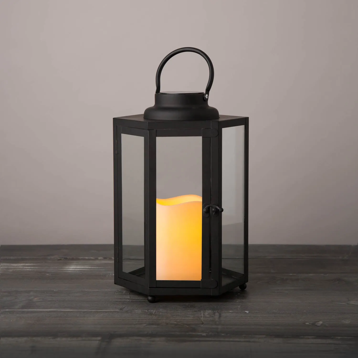 Open Box Rigel Hexagonal Metal Lantern with Solar LED Candle, Medium