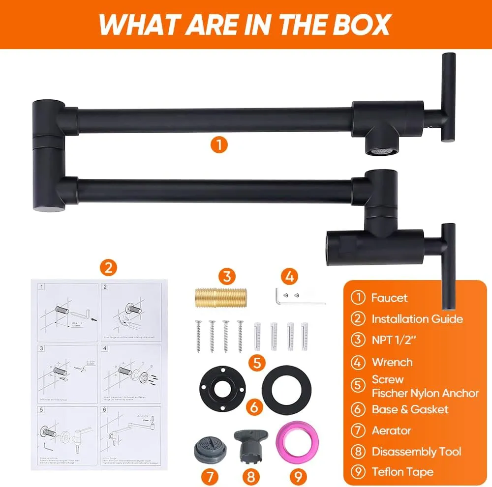 OWOFAN Pot Filler Faucet Matte Black Commercial Wall Mount Stove Faucet Stainless Steel Pot Filler Folding Faucet Over Stove Kitchen Pot Faucet with Double Joint Swing Arms, 866113R