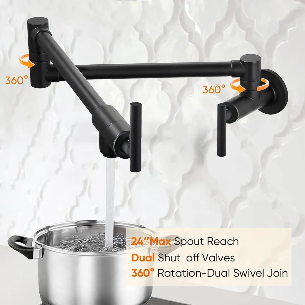 OWOFAN Pot Filler Faucet Matte Black Commercial Wall Mount Stove Faucet Stainless Steel Pot Filler Folding Faucet Over Stove Kitchen Pot Faucet with Double Joint Swing Arms, 866113R