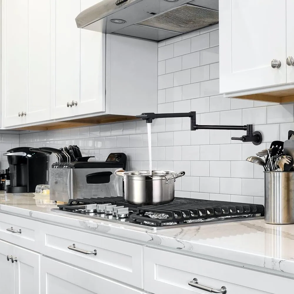 OWOFAN Pot Filler Faucet Matte Black Commercial Wall Mount Stove Faucet Stainless Steel Pot Filler Folding Faucet Over Stove Kitchen Pot Faucet with Double Joint Swing Arms, 866113R