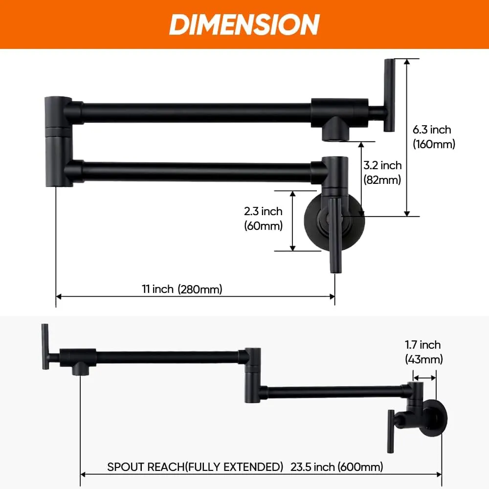 OWOFAN Pot Filler Faucet Matte Black Commercial Wall Mount Stove Faucet Stainless Steel Pot Filler Folding Faucet Over Stove Kitchen Pot Faucet with Double Joint Swing Arms, 866113R