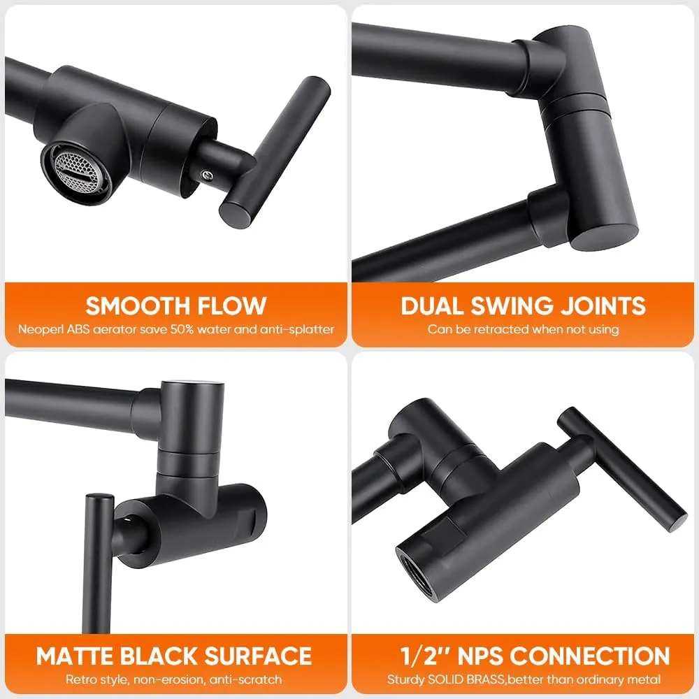 OWOFAN Pot Filler Faucet Matte Black Commercial Wall Mount Stove Faucet Stainless Steel Pot Filler Folding Faucet Over Stove Kitchen Pot Faucet with Double Joint Swing Arms, 866113R
