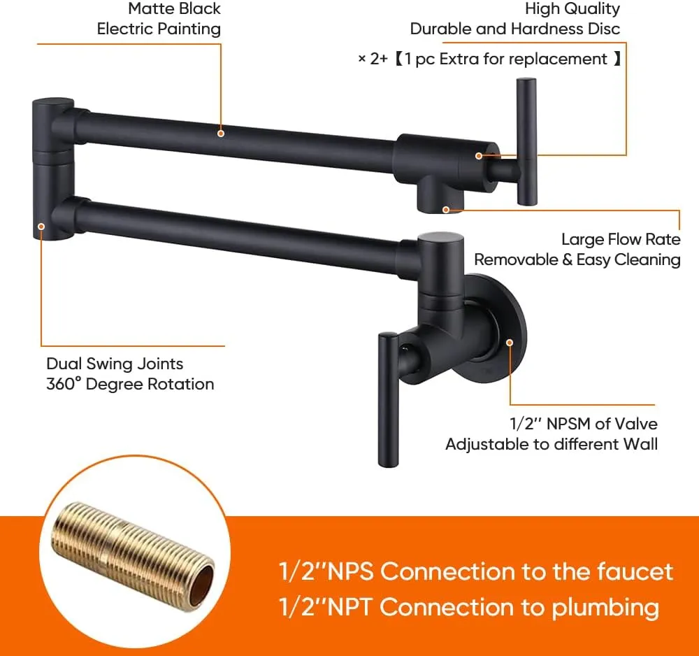 OWOFAN Pot Filler Faucet Matte Black Commercial Wall Mount Stove Faucet Stainless Steel Pot Filler Folding Faucet Over Stove Kitchen Pot Faucet with Double Joint Swing Arms, 866113R