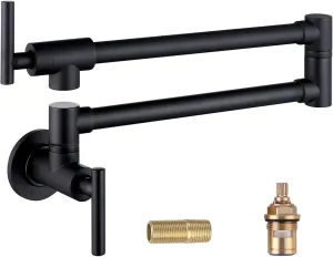 OWOFAN Pot Filler Faucet Matte Black Commercial Wall Mount Stove Faucet Stainless Steel Pot Filler Folding Faucet Over Stove Kitchen Pot Faucet with Double Joint Swing Arms, 866113R