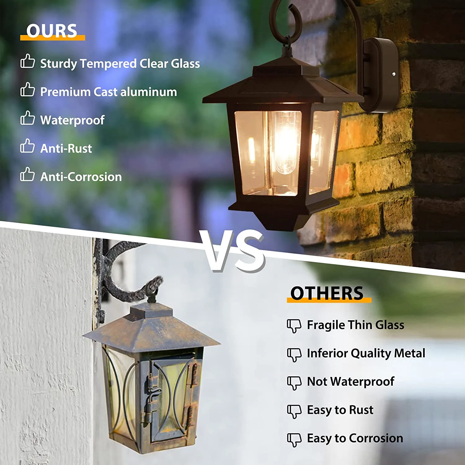 PASAMIC 2 Pack Solar Lanterns Outdoor Waterproof, Hanging Solar Lights Outdoor, Dusk to Dawn Led Solar Wall Sconce ,Anti-Rust Waterproof Wall Lanterns Aluminum for Patio Porch Yard Garage, Warm White 20 Lumen