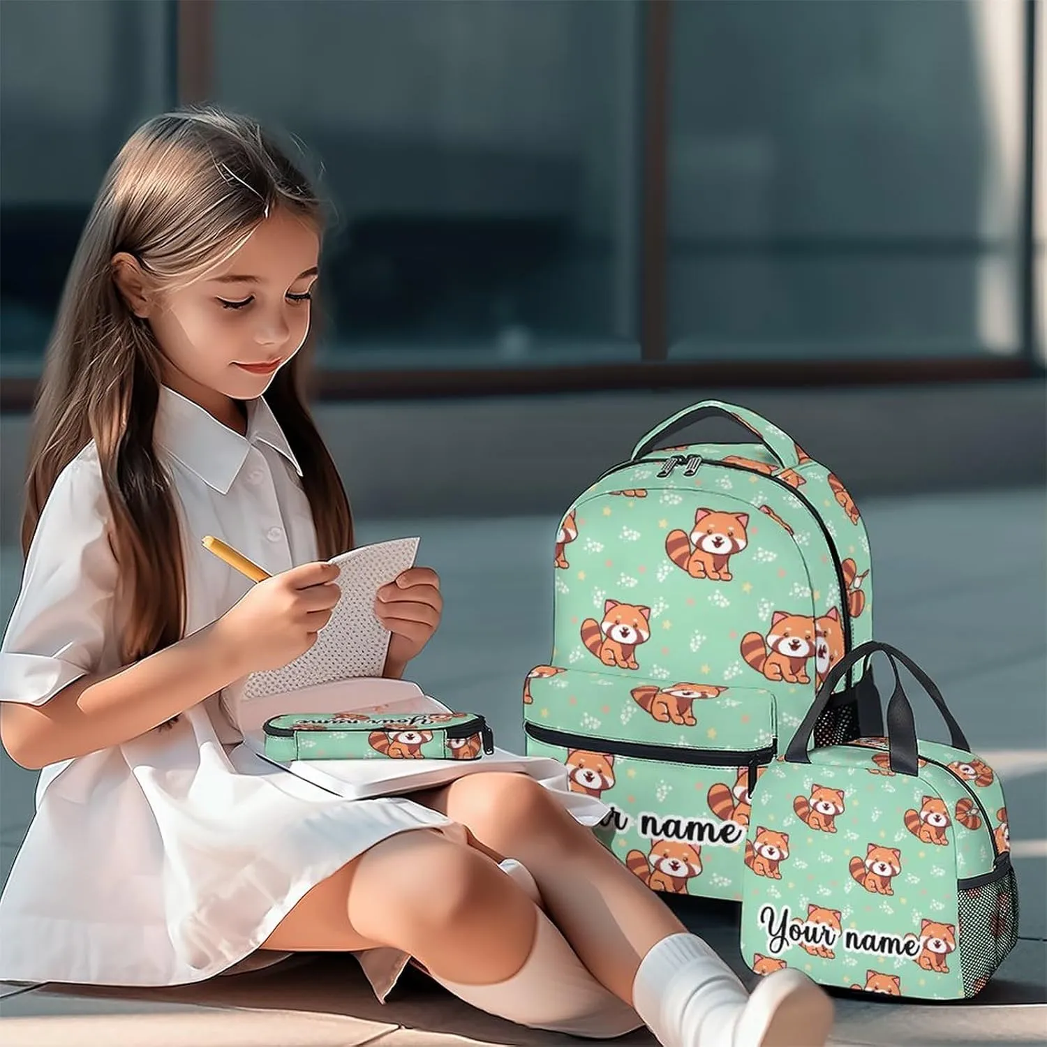 Personalized Red Panda Backpack with Lunch Box and Pencil Case for Girls Boys, 16 Inch School Bookbag with Adjustable Straps, Travel Bag Durable, Lightweight, Large Capacity