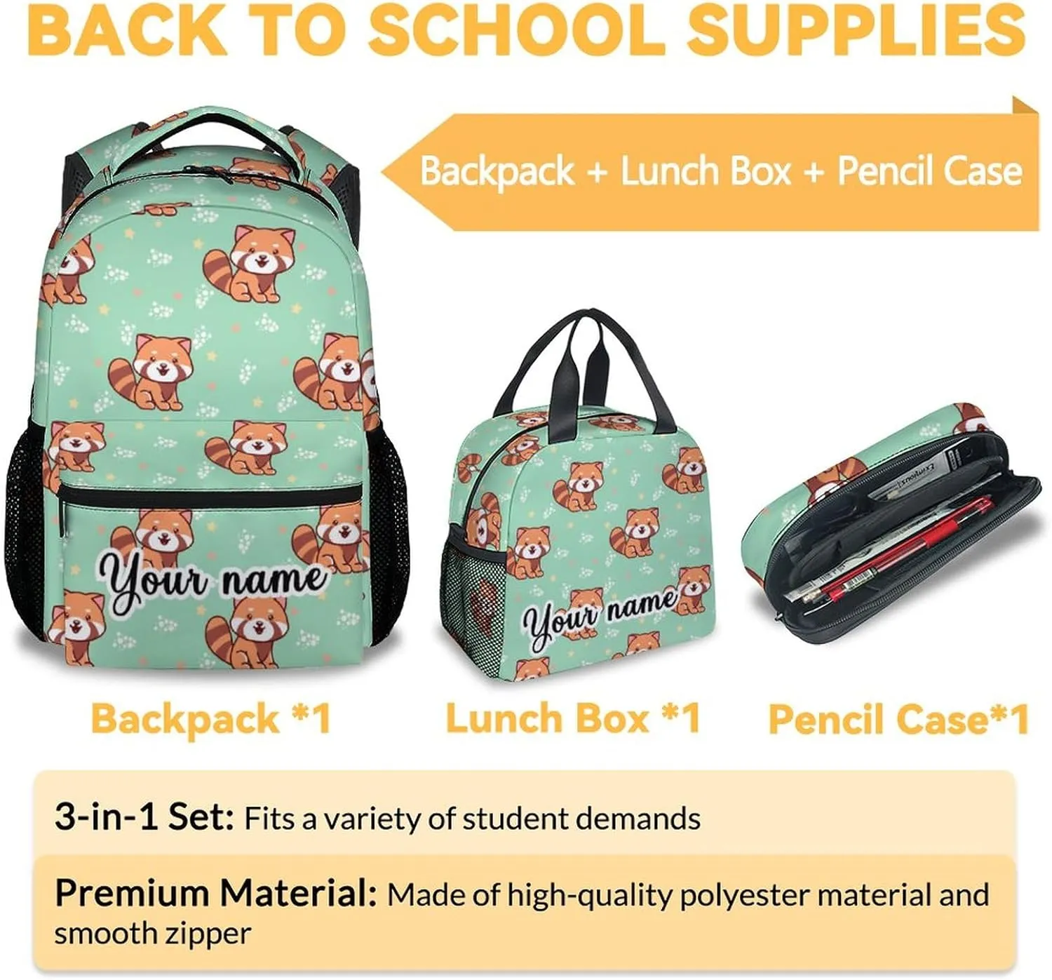 Personalized Red Panda Backpack with Lunch Box and Pencil Case for Girls Boys, 16 Inch School Bookbag with Adjustable Straps, Travel Bag Durable, Lightweight, Large Capacity