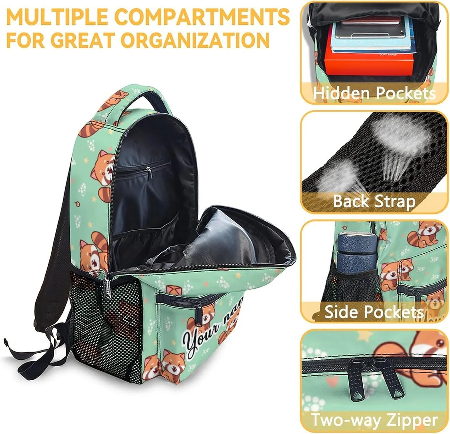 Personalized Red Panda Backpack with Lunch Box and Pencil Case for Girls Boys, 16 Inch School Bookbag with Adjustable Straps, Travel Bag Durable, Lightweight, Large Capacity