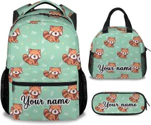 Personalized Red Panda Backpack with Lunch Box and Pencil Case for Girls Boys, 16 Inch School Bookbag with Adjustable Straps, Travel Bag Durable, Lightweight, Large Capacity