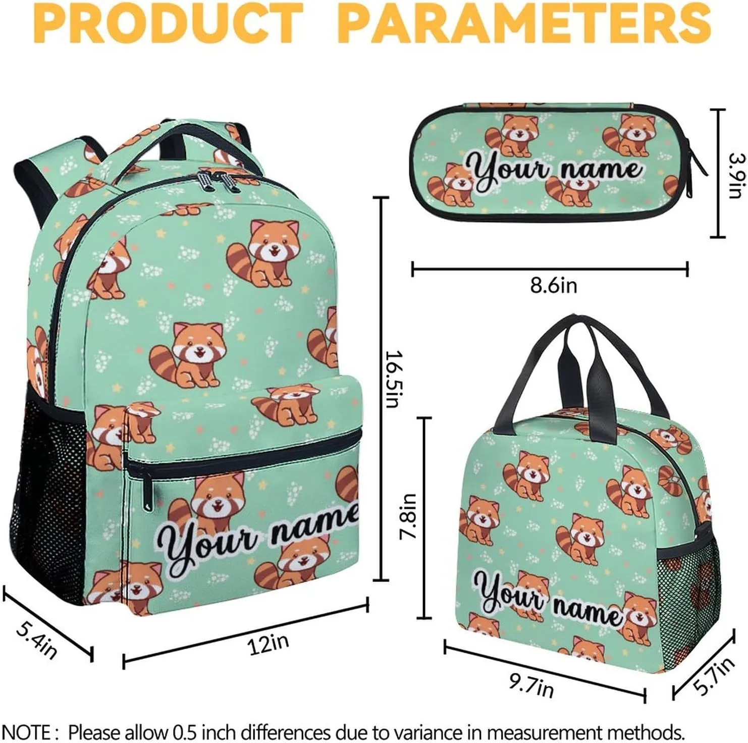 Personalized Red Panda Backpack with Lunch Box and Pencil Case for Girls Boys, 16 Inch School Bookbag with Adjustable Straps, Travel Bag Durable, Lightweight, Large Capacity