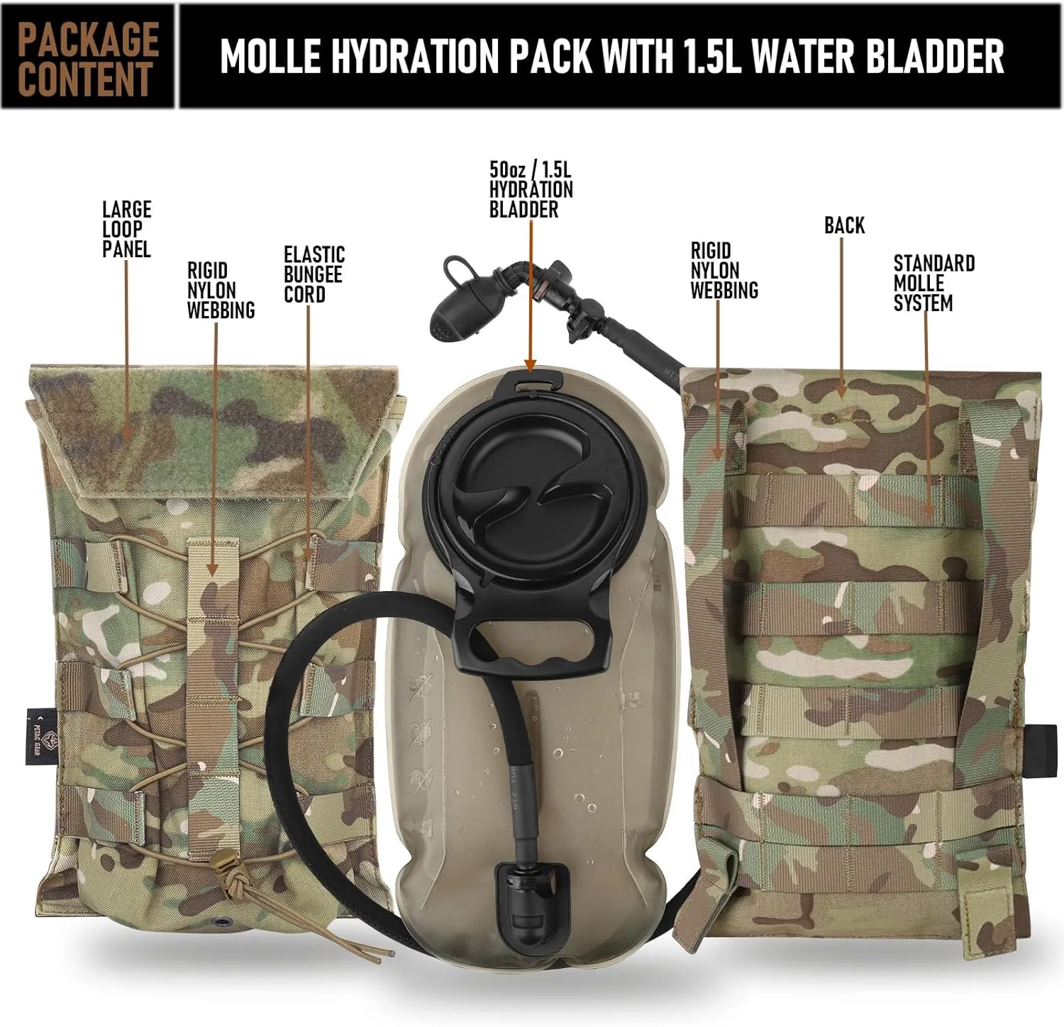 PETAC GEAR 1.5L / 3L Tactical Hydration Pack，Molle Carrier Pouch for 50 oz /100 oz Hydration Bladder Daypack Water Backpack.