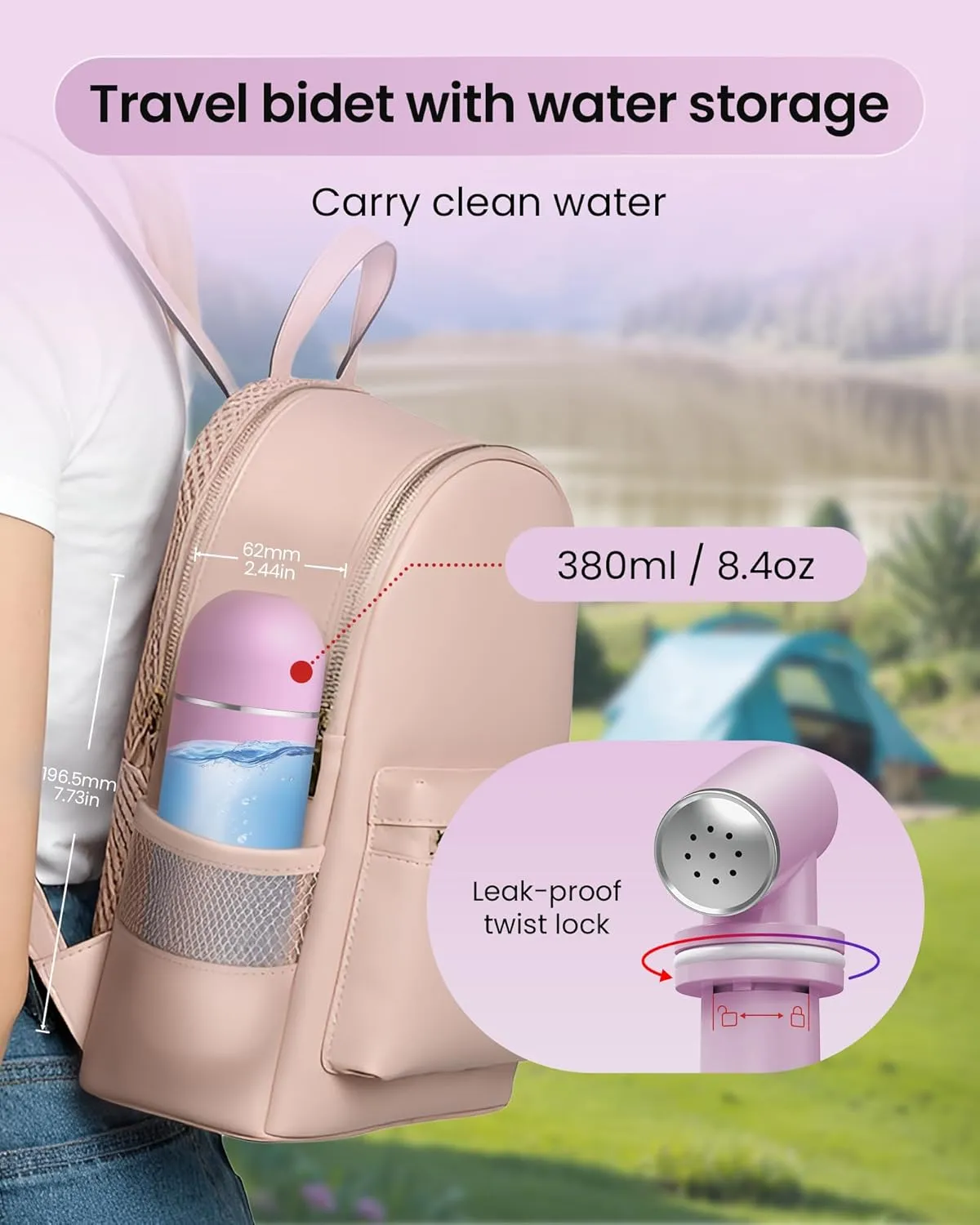 Portable Bidet for Travel & Camping - Manual Squeeze Handheld Peri Bottle for Feminine Hygiene, 3 Leak-Proof Seals, Extendable Sprayer with Rotating Nozzle for Men & Women (Light Purple)