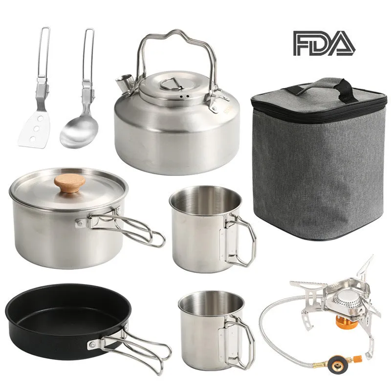 Portable Stainless Steel Outdoor Cookware Set with Windproof Stove