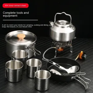 Portable Stainless Steel Outdoor Cookware Set with Windproof Stove