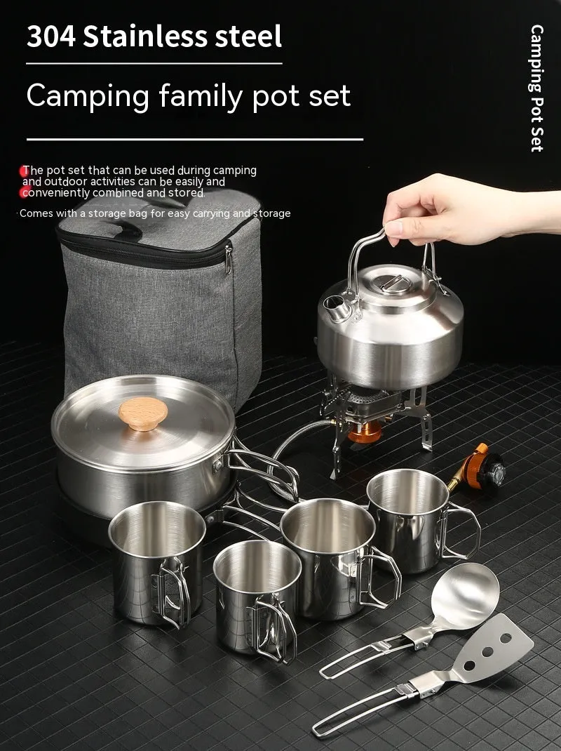 Portable Stainless Steel Outdoor Cookware Set with Windproof Stove