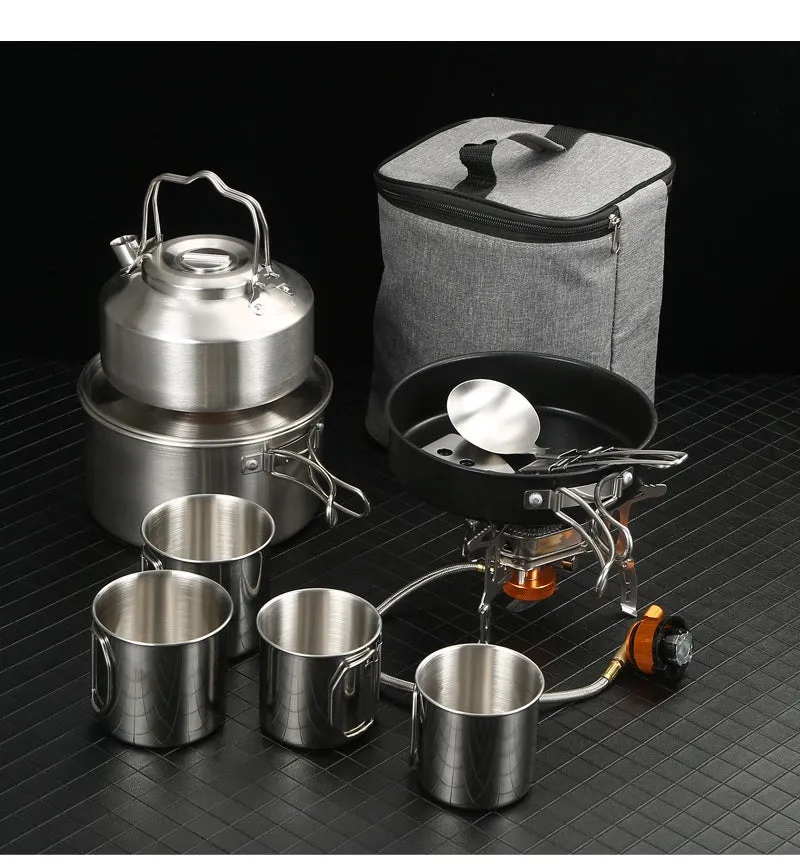 Portable Stainless Steel Outdoor Cookware Set with Windproof Stove