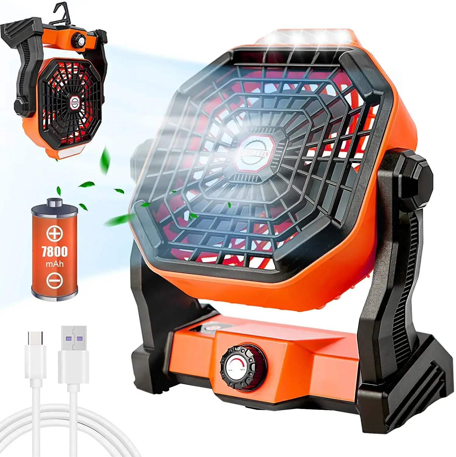 Portable USB Rechargeable Fan with LED Lantern - 6 to 25 Hrs Runtime, Adjustable Speed for Camping and Tent Use