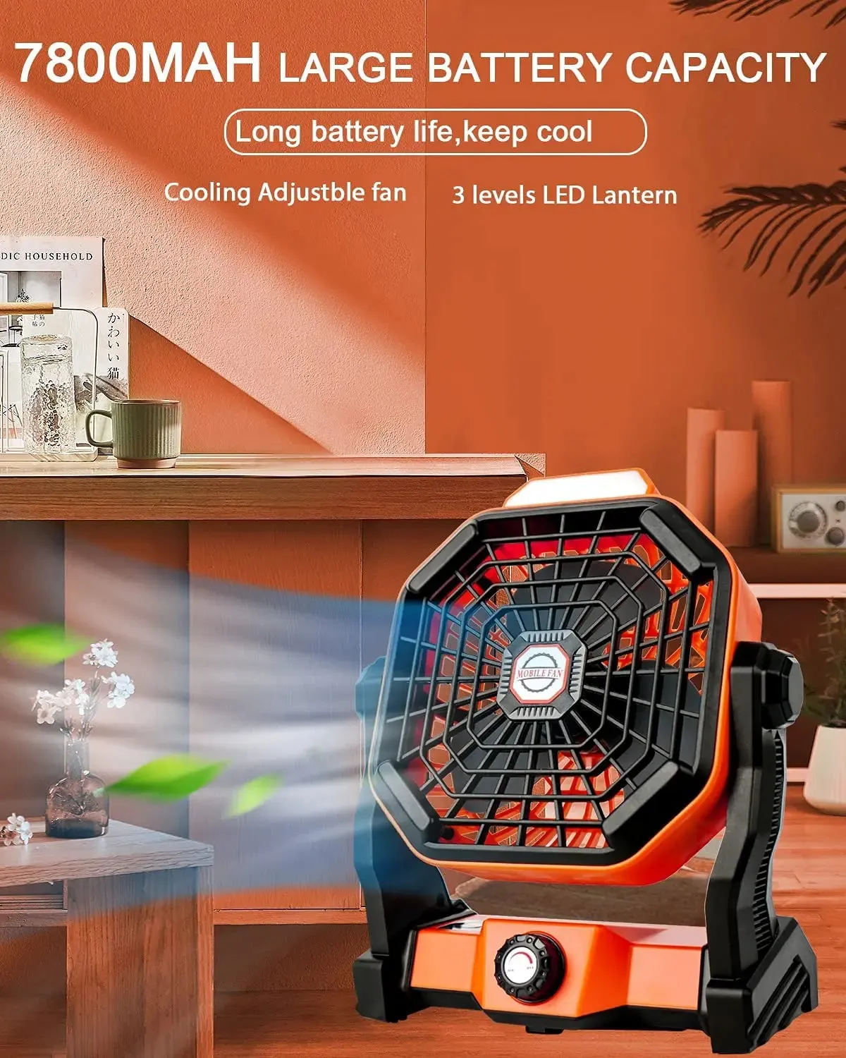 Portable USB Rechargeable Fan with LED Lantern - 6 to 25 Hrs Runtime, Adjustable Speed for Camping and Tent Use