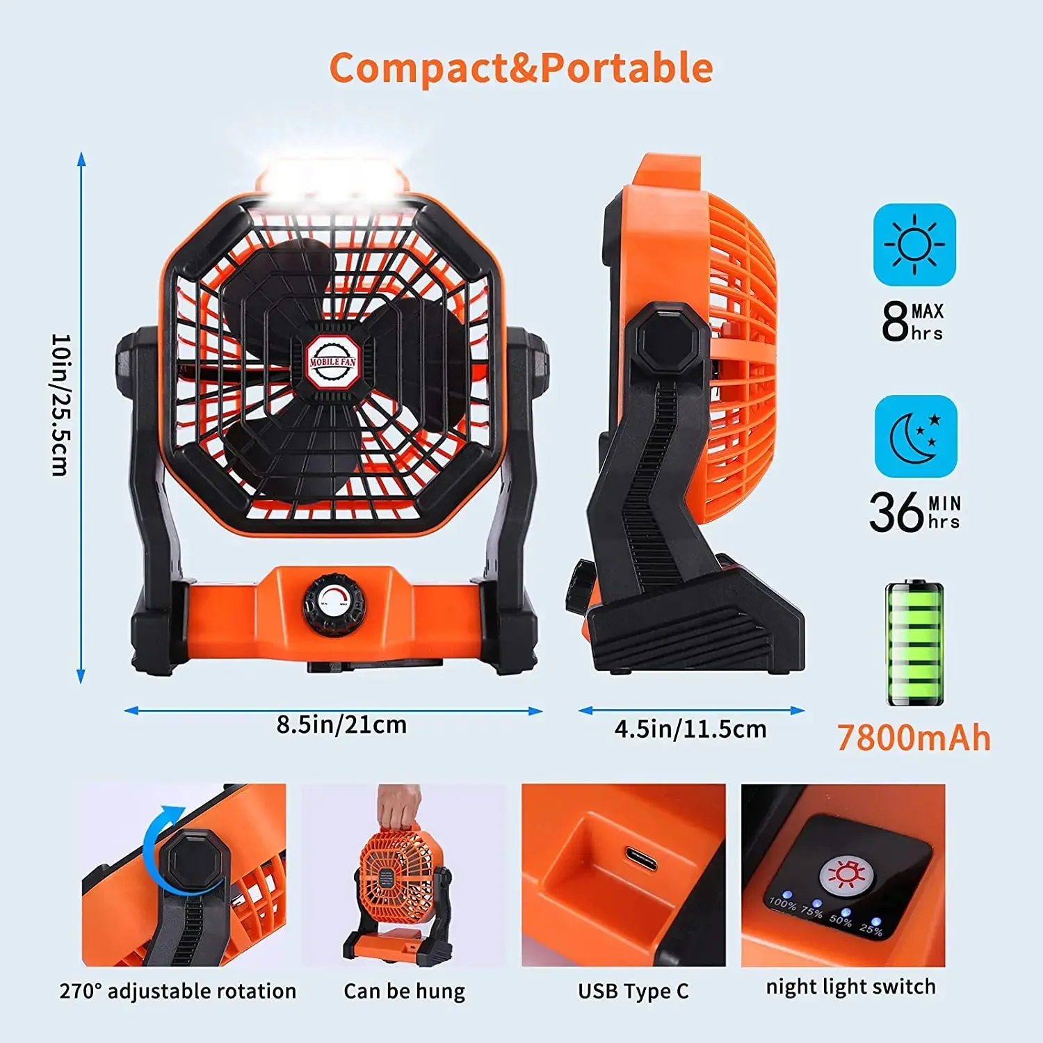 Portable USB Rechargeable Fan with LED Lantern - 6 to 25 Hrs Runtime, Adjustable Speed for Camping and Tent Use