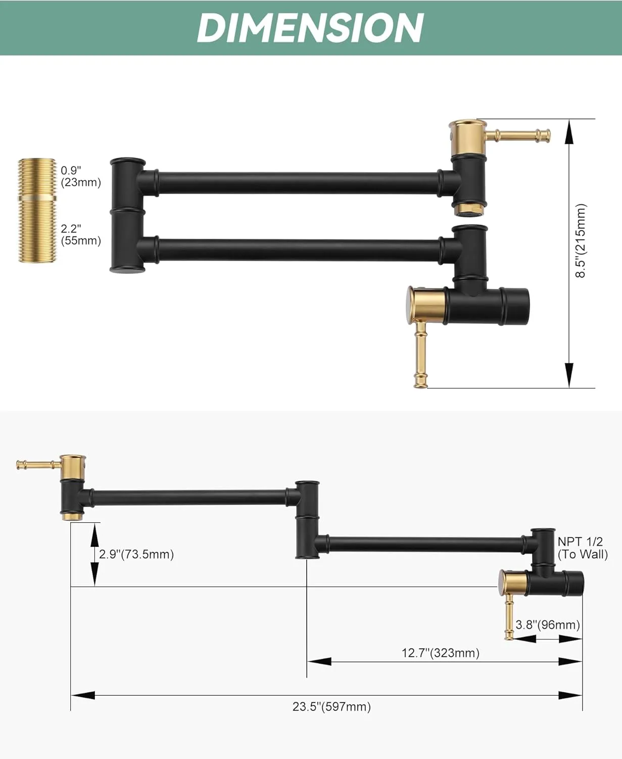 Pot Filler Faucet Black Gold, Wall Mount Stove Faucet for Kitchen Sink, Brass Folding Pot Filler Over Stove with Single Hole 2 Handle