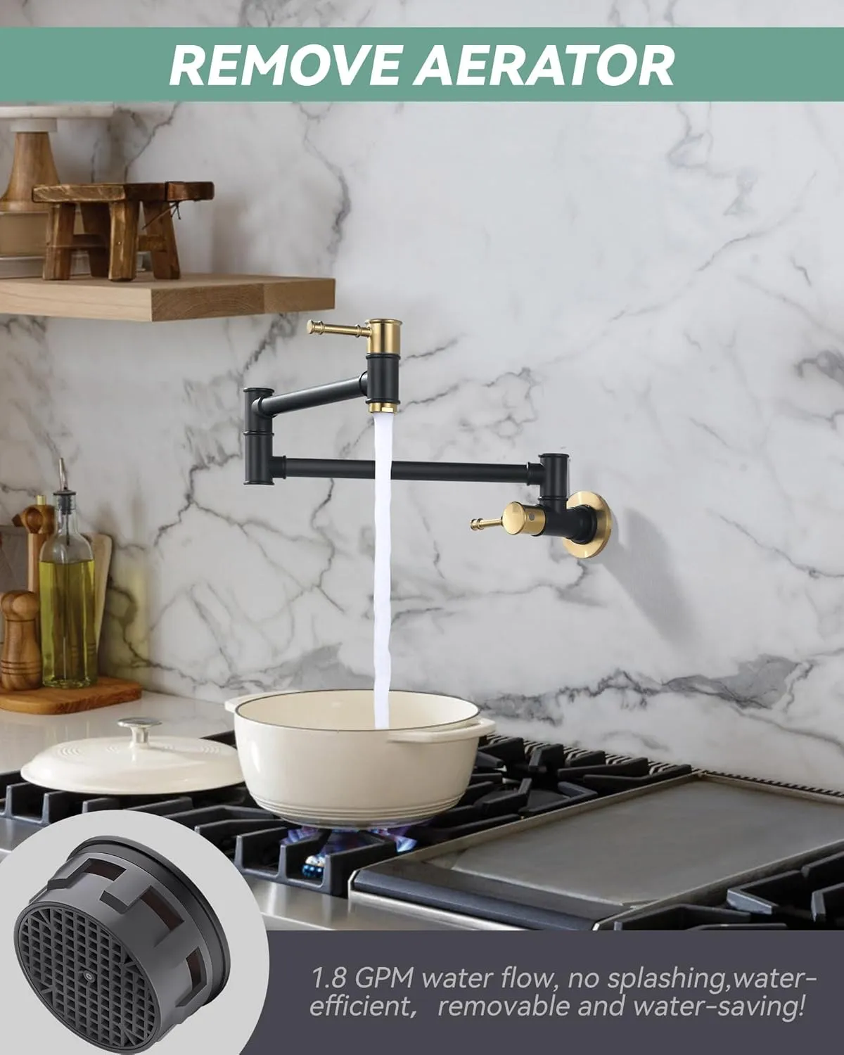Pot Filler Faucet Black Gold, Wall Mount Stove Faucet for Kitchen Sink, Brass Folding Pot Filler Over Stove with Single Hole 2 Handle