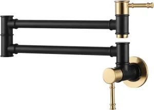 Pot Filler Faucet Black Gold, Wall Mount Stove Faucet for Kitchen Sink, Brass Folding Pot Filler Over Stove with Single Hole 2 Handle