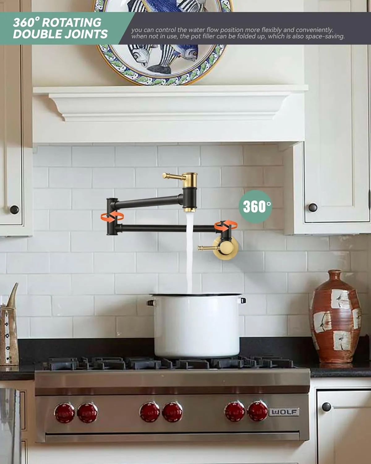 Pot Filler Faucet Black Gold, Wall Mount Stove Faucet for Kitchen Sink, Brass Folding Pot Filler Over Stove with Single Hole 2 Handle