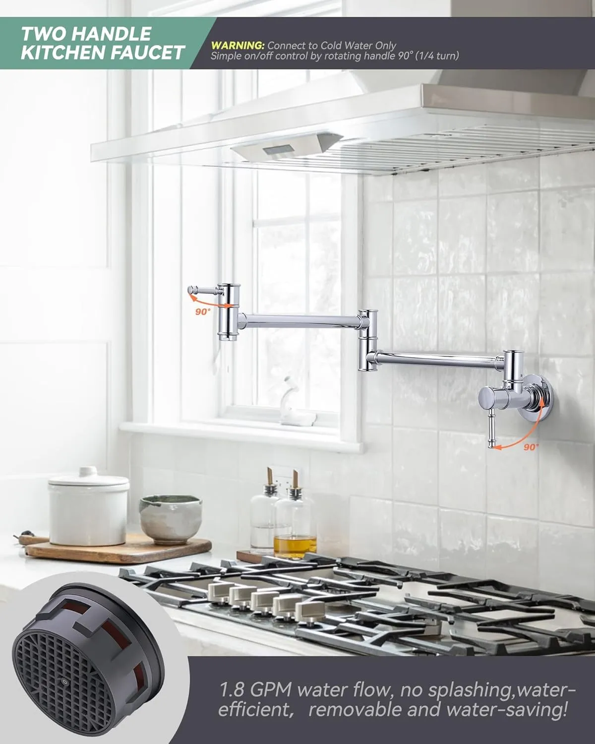 Pot Filler Faucet Chrome, Wall Mount for Kitchen Sink, Brass Over Stove, Folding With Single Hole 2 Handles