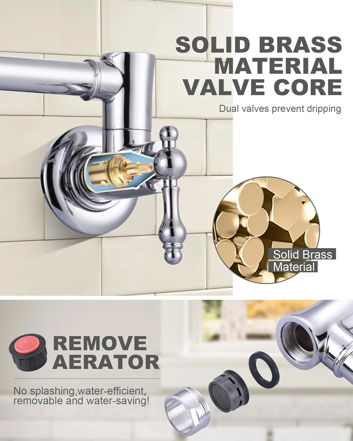 Pot Filler Faucet Chrome, Wall Mount for Kitchen Sink, Brass Over Stove, Folding With Single Hole 2 Handles