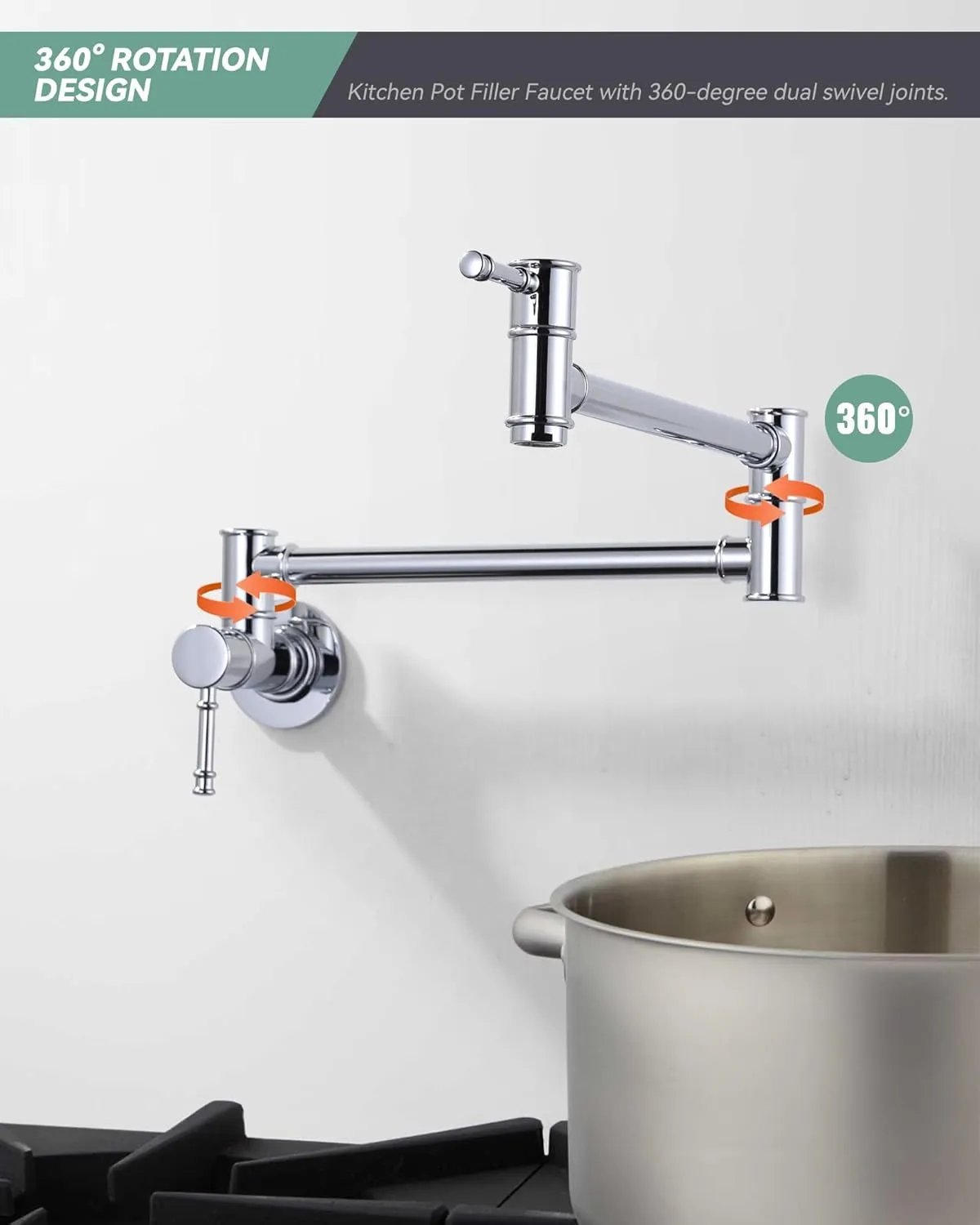 Pot Filler Faucet Chrome, Wall Mount for Kitchen Sink, Brass Over Stove, Folding With Single Hole 2 Handles