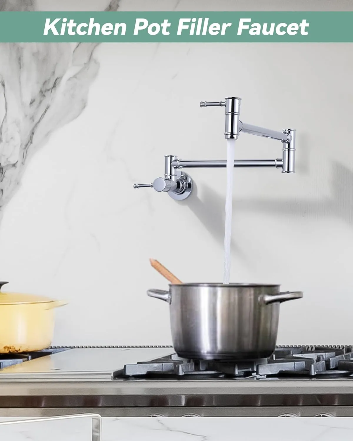 Pot Filler Faucet Chrome, Wall Mount for Kitchen Sink, Brass Over Stove, Folding With Single Hole 2 Handles