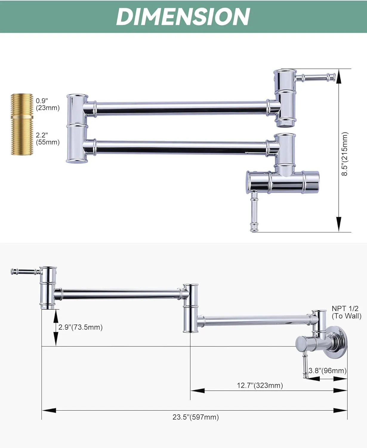 Pot Filler Faucet Chrome, Wall Mount for Kitchen Sink, Brass Over Stove, Folding With Single Hole 2 Handles