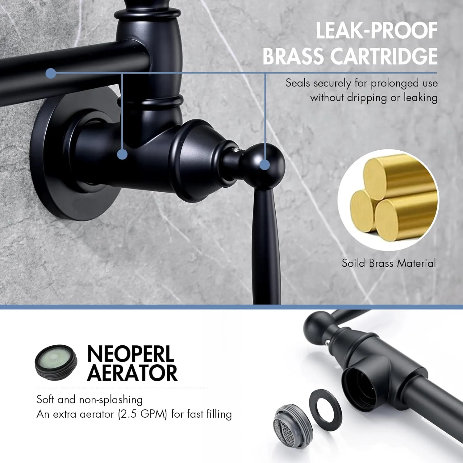 Pot Filler Faucet, Wall Mount Pot Faucets for Kitchen Sink with Double Reinforced Joint Swing Arms, Solid Brass Heavy Duty Folding Stove Faucet with 2 Handles (Matte Black)