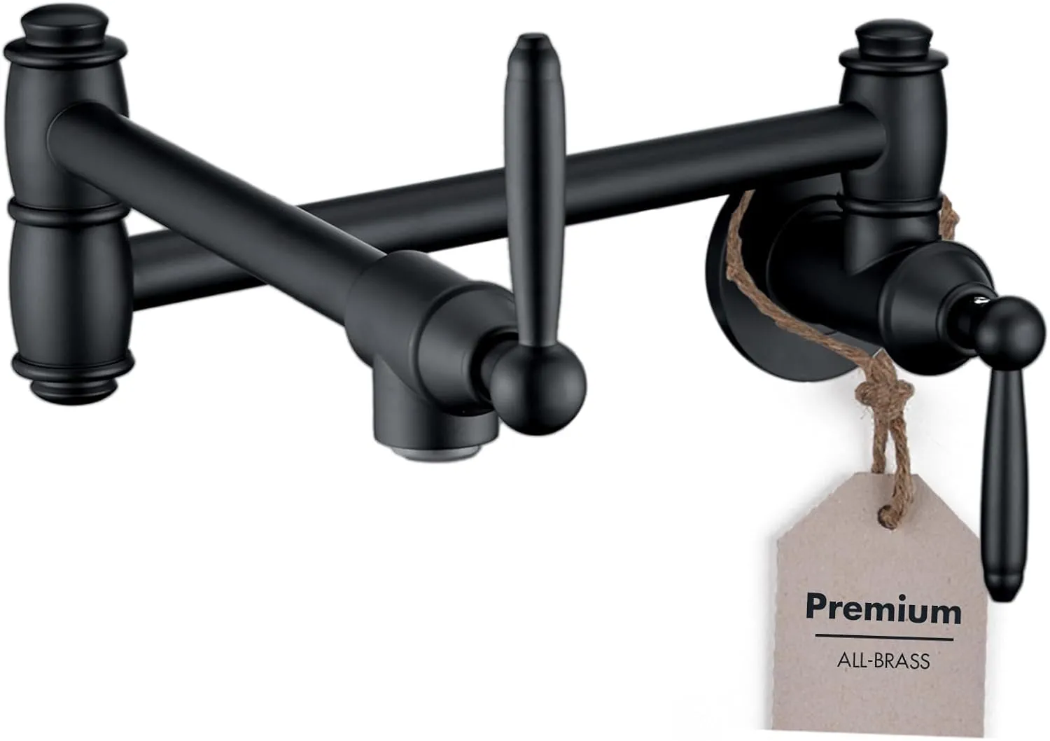 Pot Filler Faucet, Wall Mount Pot Faucets for Kitchen Sink with Double Reinforced Joint Swing Arms, Solid Brass Heavy Duty Folding Stove Faucet with 2 Handles (Matte Black)
