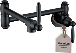Pot Filler Faucet, Wall Mount Pot Faucets for Kitchen Sink with Double Reinforced Joint Swing Arms, Solid Brass Heavy Duty Folding Stove Faucet with 2 Handles (Matte Black)