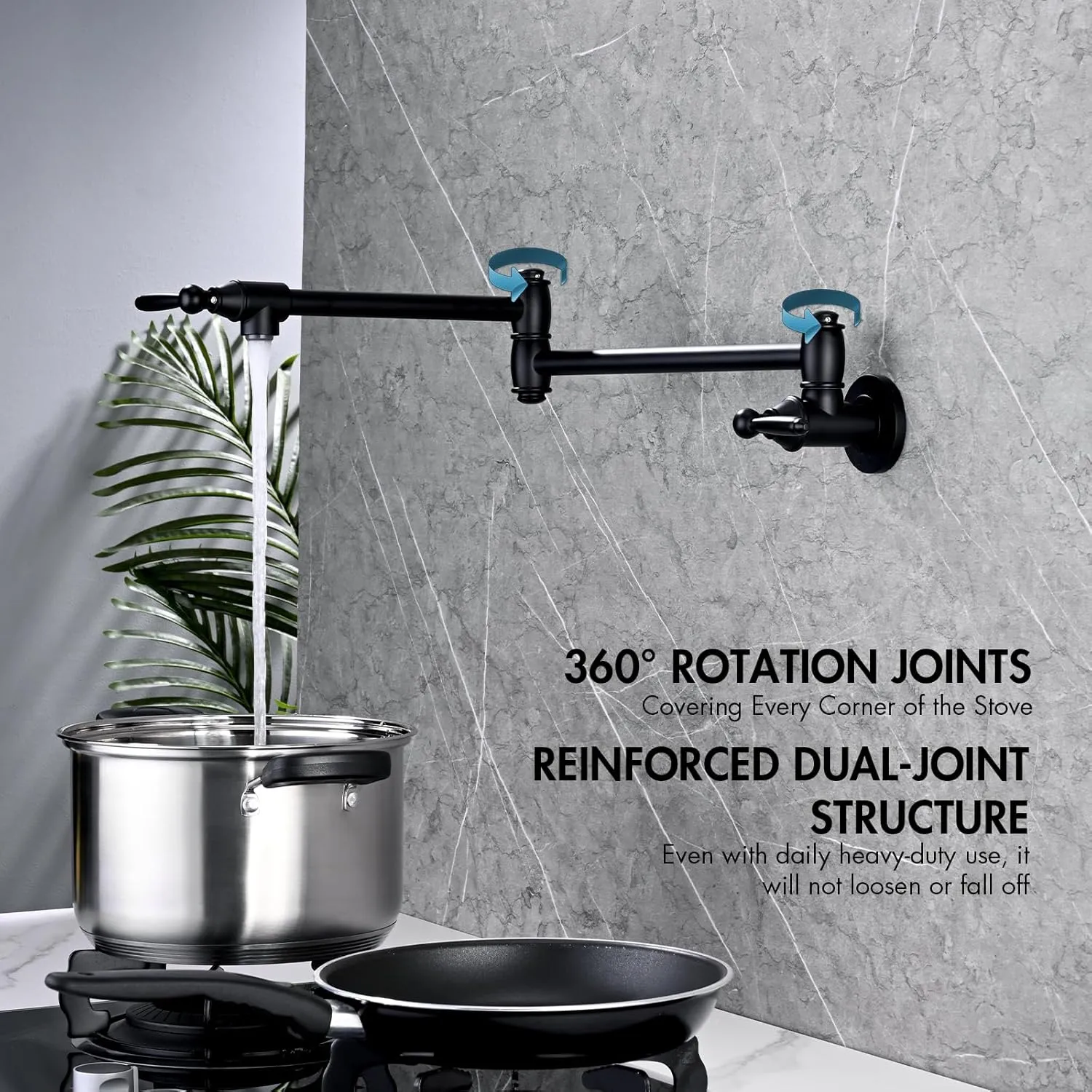 Pot Filler Faucet, Wall Mount Pot Faucets for Kitchen Sink with Double Reinforced Joint Swing Arms, Solid Brass Heavy Duty Folding Stove Faucet with 2 Handles (Matte Black)